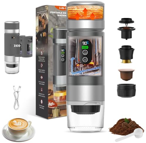 VHV Machine à Cafe Portable,3 En 1 Cafetière à Expresso Chauffage Électrique,12V Expresso Cafetière Rechargeable,Pour Bureau,Voyage, Maison,Compatible avec les Capsules Espresso et Café Moulu