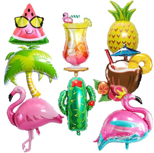 8 Stück Luftballons Hawaii, XXL Folienballons Flamingo Ananas Kaktus, Kokosnuss Baum Frucht Flamingo Weinglas Tropische Riesenballon, Helium Ballon für Geburtstag, Sommer, Tropical Strandparty Deko