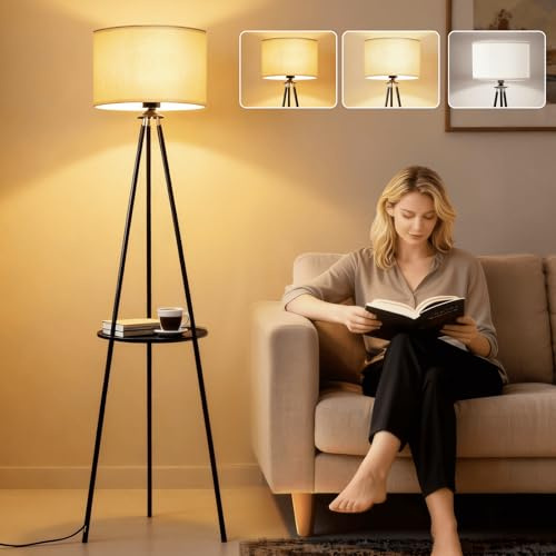JIAWEN Modern Floor Lamp for Living Room, Black Iron Tripod Standing Lamp with Shelves, 3-Way Dimmable Tall Lamp, Standard Lamp for Reading & Home Décor (Bulb Included)