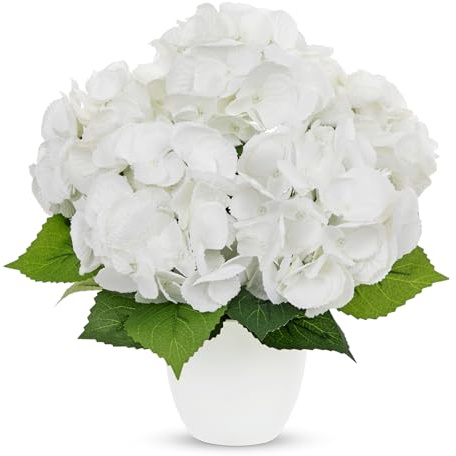 Arborus Kunstblumen Weiß Hortensie Künstlich Seidenblumen wie Echt im Topf | 33cm Kunstpflanzen Hortensie Dekoblumen für Tisch Regal Fensterbank Wohndeko Landhuas Minimalistische Modern Boho Innen Deko