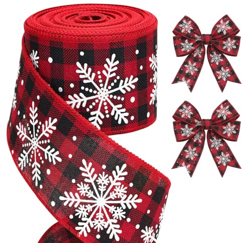 jijAcraft Rot-Schwarz Kariert Weihnachtsband mit Schneeflocken: 6cm Breit Schleifenband Weihnachten mit Draht 10m Geschenkband Weihnachten Kariert Weihnachtsbänder für Basteln Bögen Baumdeko