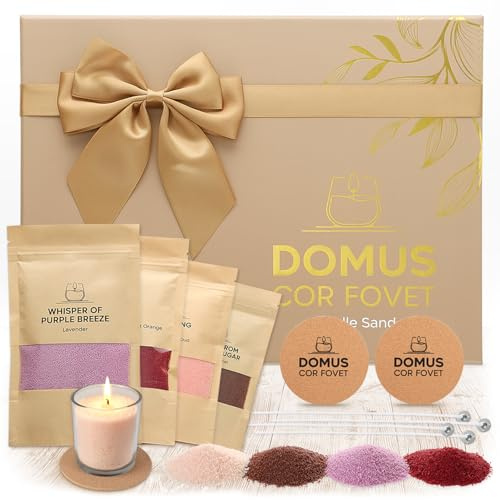 Festicy Kit de Arena para Velas perfumada – 4×100 g (Caramelo Salado, Lavanda, Granada y Naranja Dulce, Ámbar y Oud) + 5 mechas + 2 Posavasos de Corcho – Vela de Navidad