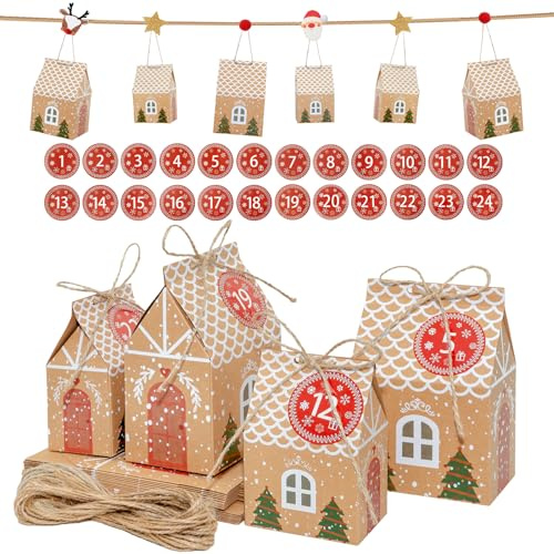 NVGVUP DIY Adventskalender zum Befüllen: 24 Häuser mit Zahlenaufklebern | Weihnachten Party Geschenkboxen zum Aufhängen oder Aufstellen, Weihnachtskalender Bastelset