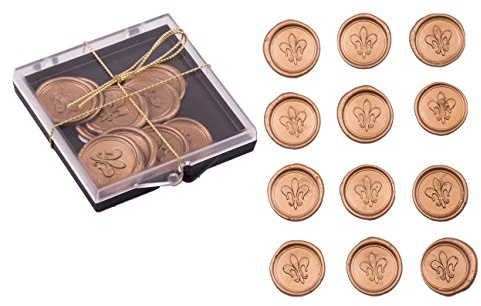 12 handgefertigte Wachssiegel, Motiv Fleur de Lis, Farbe gold, Klebepunkt rückseitig