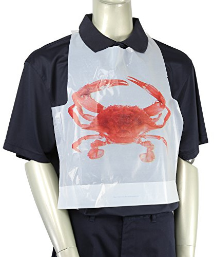 AmerCareRoyal Adult Polyethylene Bib - Comfortable, Lightweight Mealtime Protection, Ideal for Restaurants, Adjustable Neck Tie, Unisex Disposable Bibs, 16.25 x 7.5 x 5, Crab Design, Pack of 500