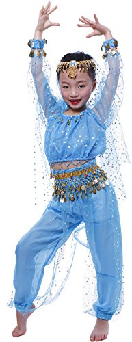 Astage MädchenBauchtanz Kostüme, Langarm Highlights Top, Hose Himmelblau L (Passend 52in-57in / 130cm-142cm)