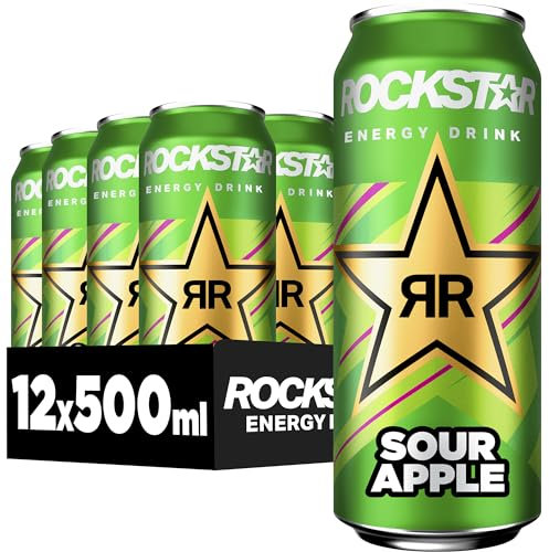 Rockstar Energy Drink Sour Apple Geschmack - Saures, koffeinhaltiges Erfrischungsgetränk für den Energie Kick, EINWEG (12 x 500ml) (Verpackungsdesign kann abweichen)
