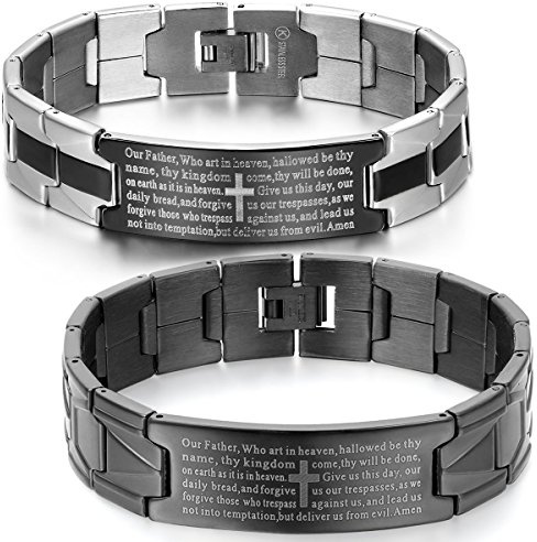 JewelryWe Schmuck Herren Armband, Englisch Bibel Gebet Kreuz Edelstahl Armreif Armkette, Schwarz Silber