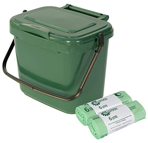 Green Kitchen Compost Caddy (5L - Small) & 100x 6L Compostable Bags - for Food Waste Recycling (5 Litre) - 5L Plastic Composting Bin