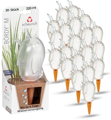 Scheurich Wasserspender Bördy M | 20 x Klar | 220ml Füllmenge | Bewässerungskugel klein mit Ton Fuß | Wasserspender Pflanzen und Blumen Terrakotta Stiel