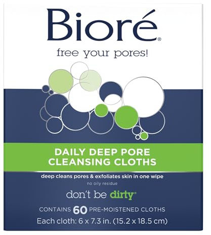 Bioré Daily Make Up Removing Cloths, Facial Cleansing Wipes with Dirt-grabbing Fibers for Deep Pore Cleansing without Oily Residue, 60 Count