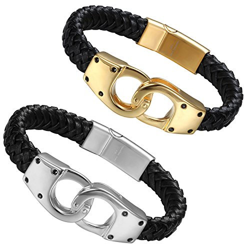 Flongo Herren Lederarmband mit Schloss Edelstahl Echtleder Geflochten Schnur Armband Armreif Manschette Handschellen Magnet Verschluss punk Biker für Männer Vatertagsgeschenk gold silber