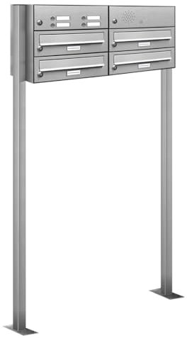 AL Briefkastensysteme 4er V2A Edelstahl Stand Briefkasten mit Klingel rostfrei als 4 Fach Briefkastenanlage DIN A4 in Postkasten Design modern