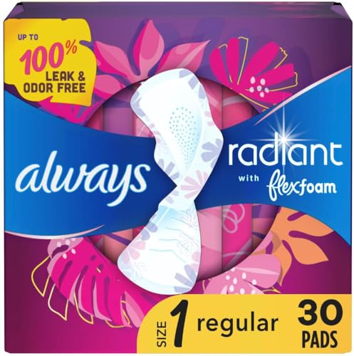 Always Radiant Feminine Pads for Women, Size 1 Regular Absorbency, with Flexfoam, with Wings, Scented, 30 Count