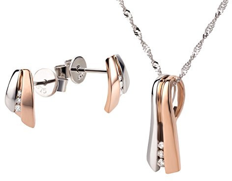 Ardeo Aurum Damen Schmuck-Set Ohrringe Anhänger Kette Collier aus 375 Gold bicolor Weißgold Rosegold mit 0,07 ct Diamant Brillant