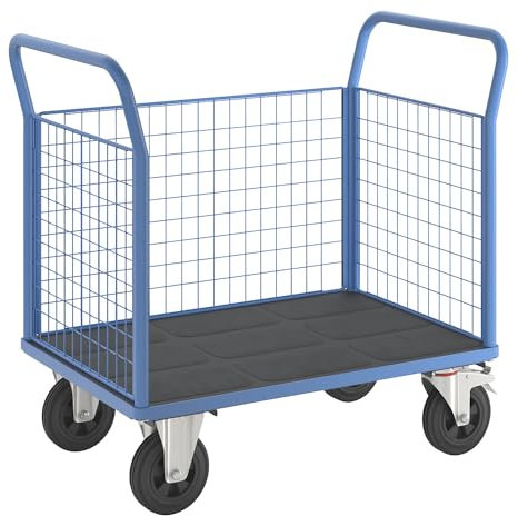 eurokraft | Plattformwagen | 3 hohe Gitterwände | LxB 1050 x 700 mm | Vollgummireifen