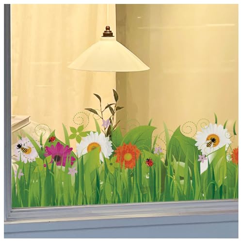 Sommer-Frühlings-Fensteraufkleber – Wildwiese mit Blumen und Insekten – selbsthaftende Fenster-Bordüre – saisonale Fenster-Deko