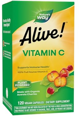 Nature's Way Alive! Vitamin C Supplement Made with Organic Acerola Cherries, Immune Support*, Antioxidant Support*, 100% Fruit Source Vitamin C, 120 Capsules (Packaging May Vary)