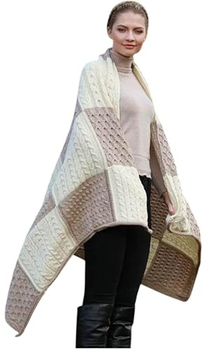 Aran Woollen Mills Irischer Patchwork Kuscheldecke Überwurf Wolldecke aus 100% Merino Wolle (167cm x 110cm) (Beige)