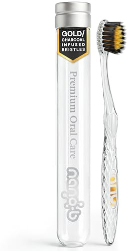 Nano-b Manual Toothbrush for Adults with Sensitive Gums, Gold & Charcoal Soft/Medium Bristles, Travel Case, Crystal