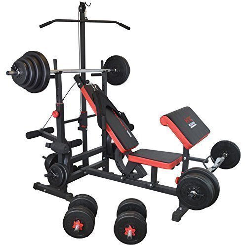 Multifunktion Hantelbank mit Latzug Kraftstation mit 50 bis 150 kg Hantelscheiben Gewichten Hantelstange Hantelset aus Langhantel Kurzhantel Curlhantel (+ 110 kg Lang-, Kurz- & Curlhantel)