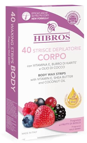 Hibros 40 Strisce Depilatorie - Gambe Braccia Ascelle Zona Bikini Con Vitamina E - Burro Di Karitè Olio Di Cocco - con Bustina Post Depilazione Camomilla Depilazione donna (Corpo, Frutti di Bosco)