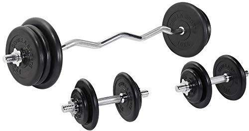 GORILLA SPORTS® hantelset - 70 kg, SZ curlbar 120cm, 2 hantelstänger, 14 viktskivor, 30mm, gjord av gjutjärn, gummerad, 6 stjärnlås, räfflad, halkfri - curlsats, SZ-stång, vikter
