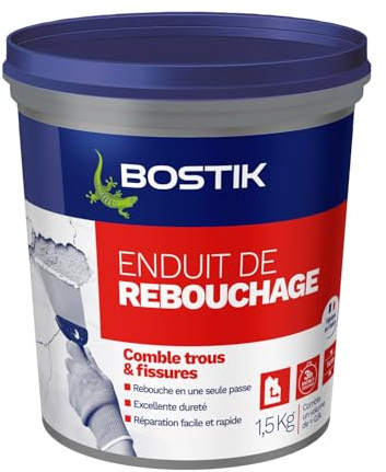 Bostik Enduit de Rebouchage Prêt à l’Emploi – Tous Supports – Rebouchage et Égalisation de Trous et Fissures Jusqu’à 1 cm – Joint Plaque de Plâtre – 1 Pot de 1.5 kg