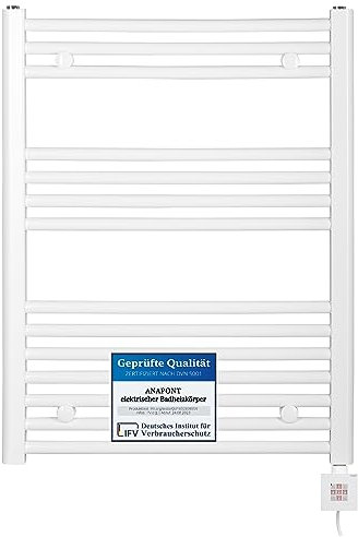 anapont elektrischer Badheizkörper 775h x 500b - gerade - weiß - Timer-Funktion - Handtuchheizkörper - Badheizung elektrisch - Handtuchheizung - Made in Germany