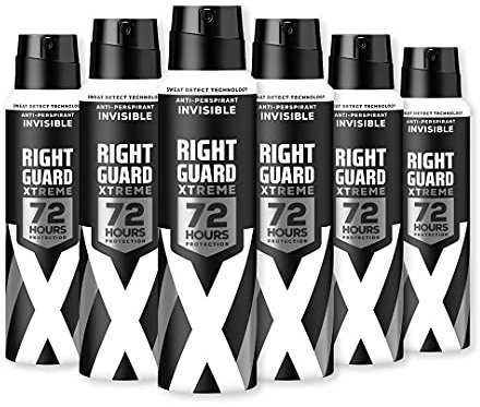Right Guard Mens Deodorant, Xtreme Invisible 72H High-Performance Anti-Perspirant Spray, Multipack 6 x 150 ml