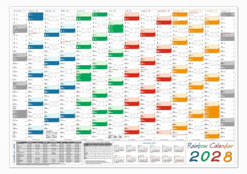 Rainbow Wandkalender/Wandplaner 2028 (gerollt) DIN A1 Format (594 x 841 mm) 14 Monate, komplette Jahresvorschau Folgejahr und Ferientermine/Feiertage aller Bundesländer