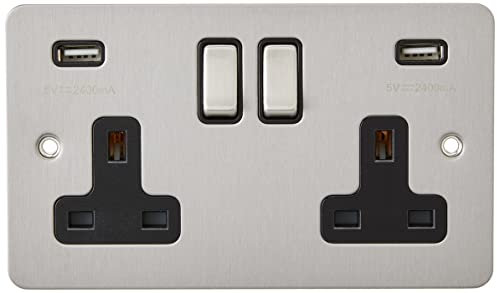 AET USBFSC2GSOCBC Satin Chrome Flat 2 Gang w Charging Ports Black Insert Metal Rocker Switches-13 Amp Double Plug Socket & Dual USB Power Outlet