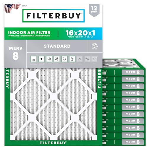 Filterbuy 16x20x1 Air Filter MERV 8 Essential Dust & Allergy Defense (12-Pack), Electrostatic Pleated HVAC AC Furnace Filters Replacement (Actual Size: 15.50 x 19.50 x 0.75)