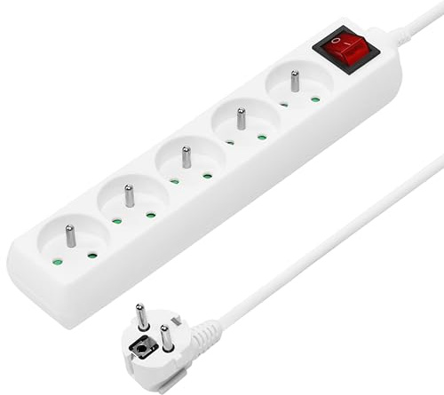 PremiumCord Multiprise avec Interrupteur Secteur 5m, 5 Prises, Rallonge 230V, 5 Prises Françaises Tournées à 45°, Multiprise de Qualité avec Sécurité Enfant, Couleur Blanc