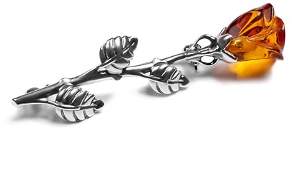 Silver Brooch Rose Pin, Amber Brooch Jewelry for women, Silver Rose Brooch, Baltic Cognac Amber Rose Brooch, Rose Jewellery for Women, Flower Brooch