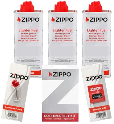 ORIGINAL ZIPPO ZUBEHÖR 3 x ZIPPO BENZIN a 125ml + 1 Docht + 6 Feuersteine + Watte und Filz