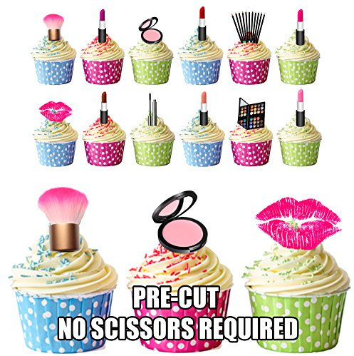 AK Giftshop Make-Up Mix/Cosmetics Party Pack Cake Decorations - Edible Stand-up Cup Cake Toppers (Pack of 36)