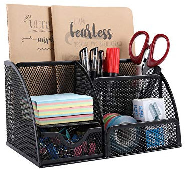 EasyPAG Office Mesh Desk Tidy Versatile Stationery Storage Desktop Organiser Pen Holder with Drawer,Black