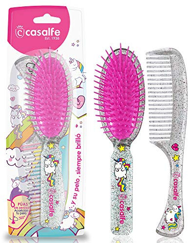 Casalfe - (3466), Spazzola detangler + pettine, design unicorni e glitter, resistente all'asciugacapelli, trasparente glitterato
