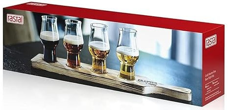 Rastal - Craft Master One Flight Set - Set n° 5 Pezzi (n° 4 Bicchieri Craft Master One Taster 19,5 cl + Paletta Legno) per la Degustazione della Birra Artigianale - Confezione Regalo LITOGRAFATA