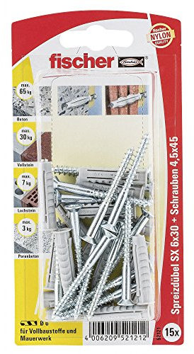 Fischer Spreizdübel SX 6 x 30 GKS K SB-Karte, 15 x Holzschraube 4,5 x 40, 052121