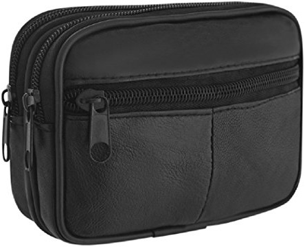 Men's Black Leather Waist Bag with Fixed Belt Loop, Money Belt