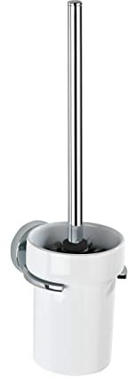 WENKO Vacuum-Loc® WC-Garnitur Capri, dekorativer WC-Bürstenhalter aus weißer Keramik kombiniert mit rostfreiem Zinkdruckguss, inkl. WC-Bürste, Befestigung ohne Bohren, 11 x 37 x 14,5 cm, Weiß/Silber
