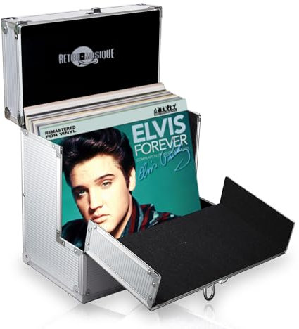 Retro Musique, Aluminium-Box zur Aufbewahrung von Schallplatten (12 Zoll), mit einzigartiger zusammenklappbarer Klappe für besseren Zugang zu Ihren LPs