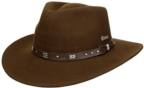 SCIPPIS Emerald – Wollfilzhut für Damen & Herren, wasserabweisend & knautschbar, Leder-Hutband mit Ziernähten, Outback/Traveller Form, braun, XL