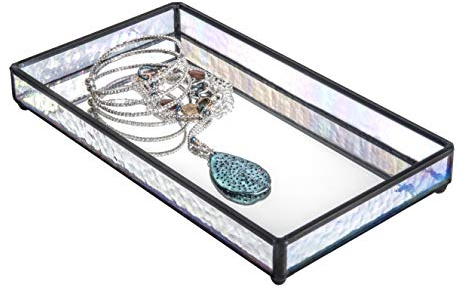 Glass Tray Mirrored Bottom Decorative Bathroom Vanity Makeup Organizer Jewelry Display Perfume Holder Dresser Home Décor Catch All for Women Candle Tray J Devlin Tra 101