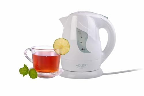 ADLER AD08W Hervidor de Agua Eléctrico 1 Litro, Inalámbrico, sin BPA, sin Cable, Apagado Automático, Base 360º, Filtro Antical, Blanco, 850W