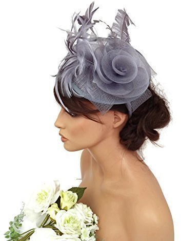 Umwerfend Netz Schleife Haarband Kopfschmuck Hatinator mit federn Rennen Hochzeit - Silber Grau