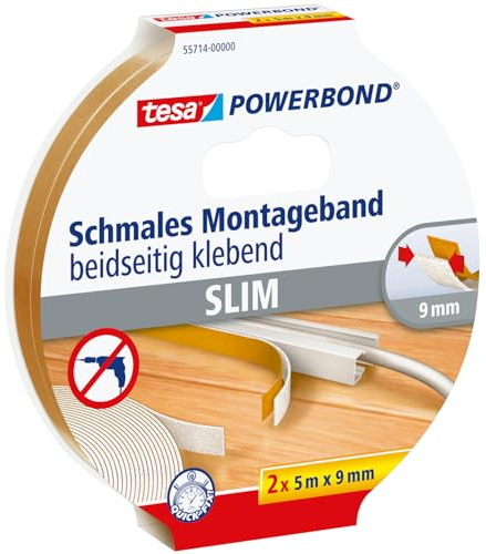tesa Powerbond® SLIM Nastro Biadesivo per Montaggio, 5m x 9mm, Bianco - 2 Pezzi