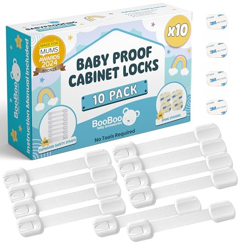 BooBoo® (10 PACK) Premium Child Locks For Kitchen Cupboards, Child Proof Cabinet Locks, Drawer Locks Baby Proofing Cabinets with No Drilling, Extra strong Adhesive + 4 Extra Stickers